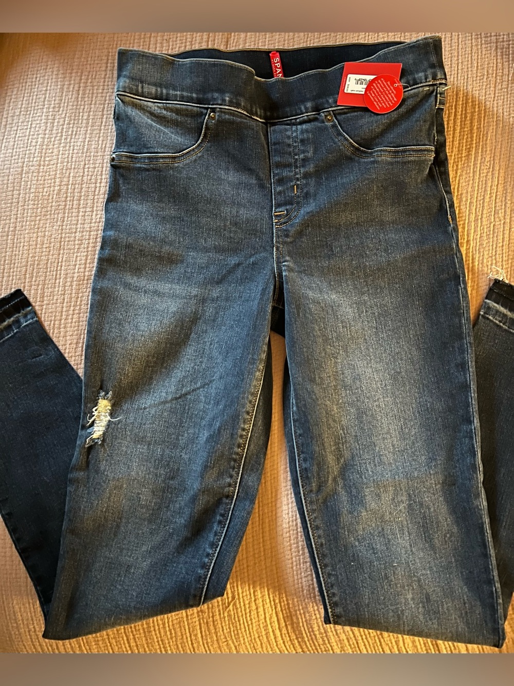 SPANX~ Pull-Up, Med Rise, Dark Blue Skinny Jeans, Mild Distress, Raw Hem, Small